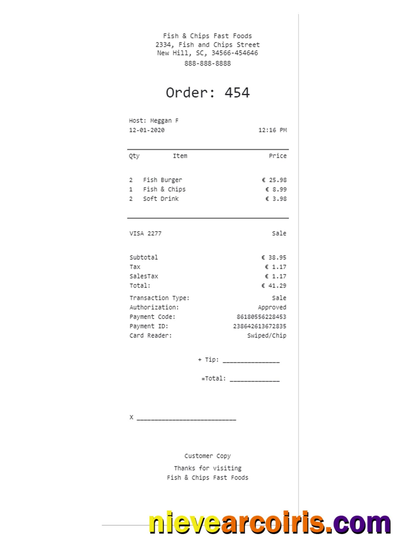 FAST FOOD payment receipt